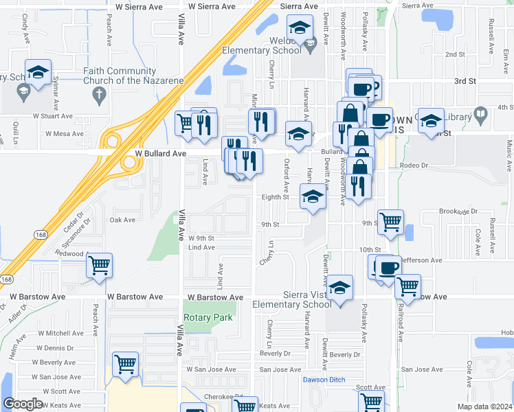 map of restaurants, bars, coffee shops, grocery stores, and more near 817 Minnewawa Avenue in Clovis