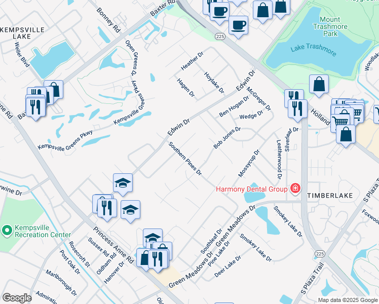 map of restaurants, bars, coffee shops, grocery stores, and more near 613 Ryder Cup Lane in Virginia Beach