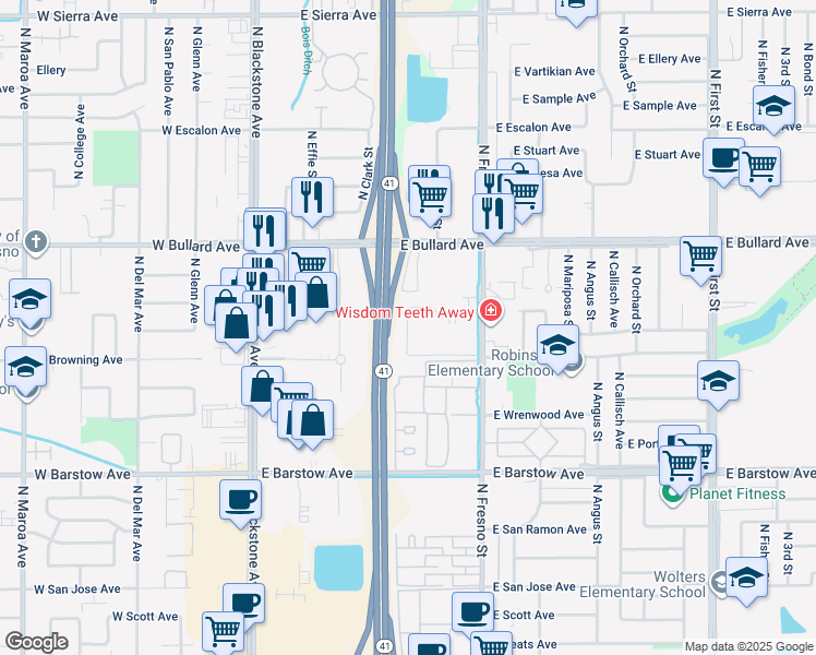 map of restaurants, bars, coffee shops, grocery stores, and more near 5669 N Fresno Street in Fresno