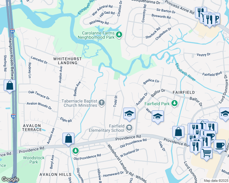 map of restaurants, bars, coffee shops, grocery stores, and more near 5424 Todd Street in Virginia Beach