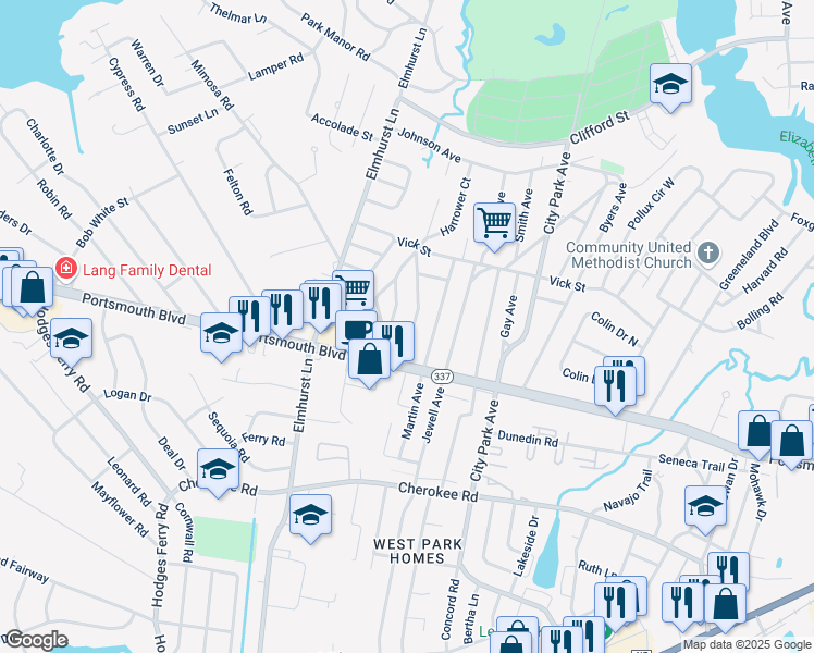 map of restaurants, bars, coffee shops, grocery stores, and more near 10 Roberts Court East in Portsmouth