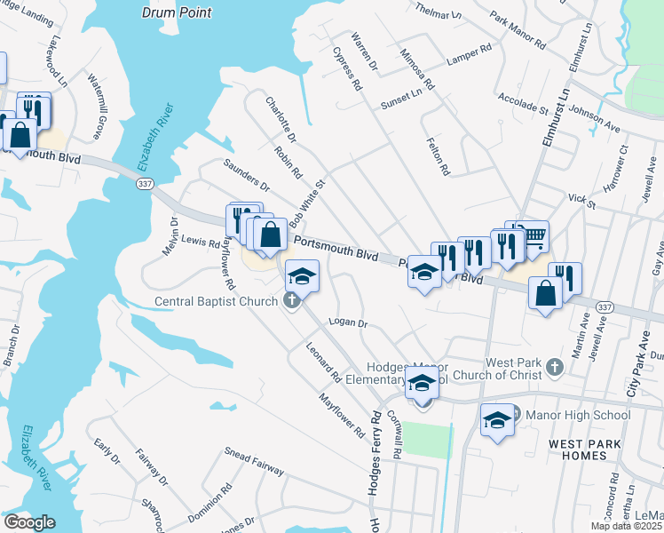map of restaurants, bars, coffee shops, grocery stores, and more near 103 Hodges Manor Road in Portsmouth