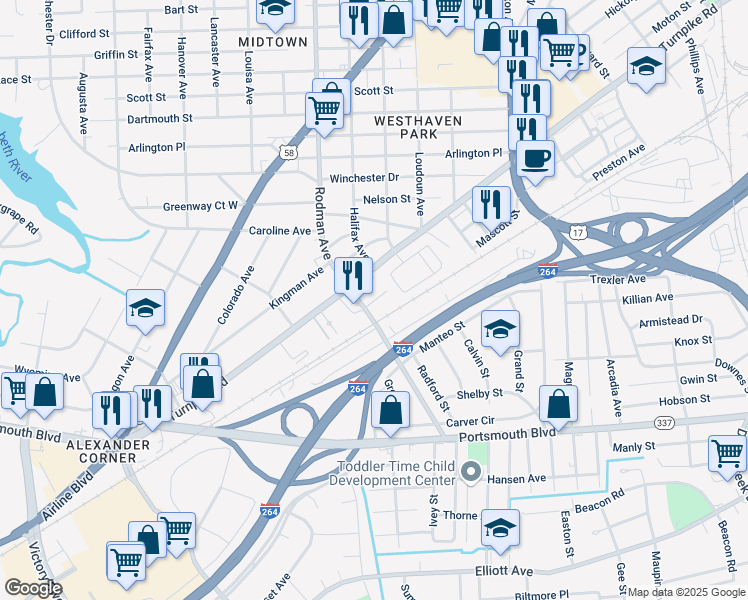 map of restaurants, bars, coffee shops, grocery stores, and more near Gum Drive in Portsmouth