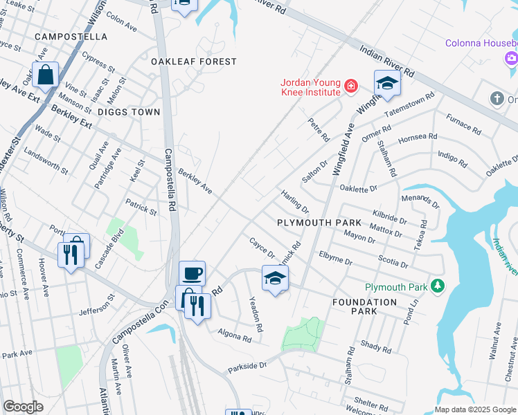 map of restaurants, bars, coffee shops, grocery stores, and more near 606 Bethel Rd in Chesapeake