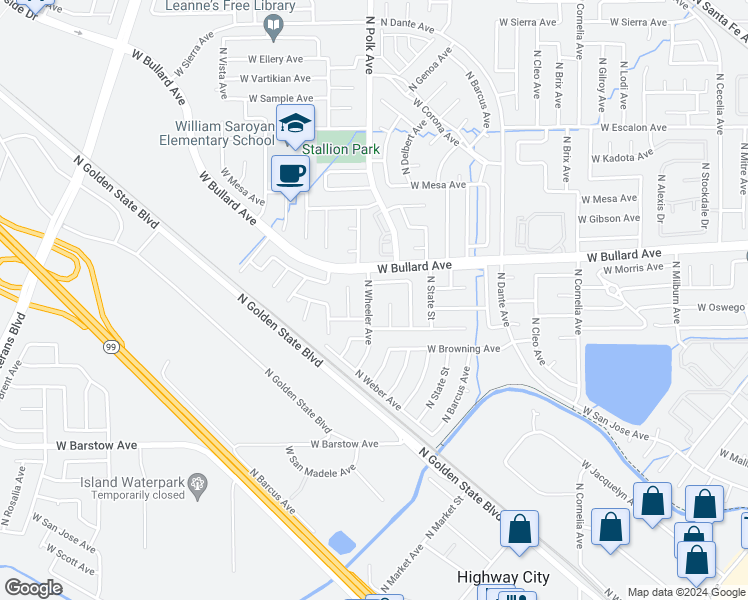 map of restaurants, bars, coffee shops, grocery stores, and more near 5690 North Wheeler Avenue in Fresno