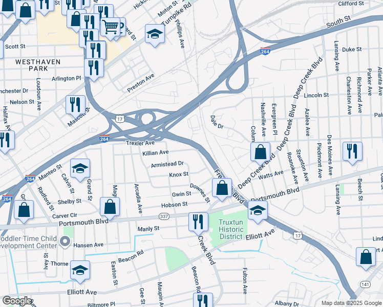 map of restaurants, bars, coffee shops, grocery stores, and more near 3205 Killian Avenue in Portsmouth