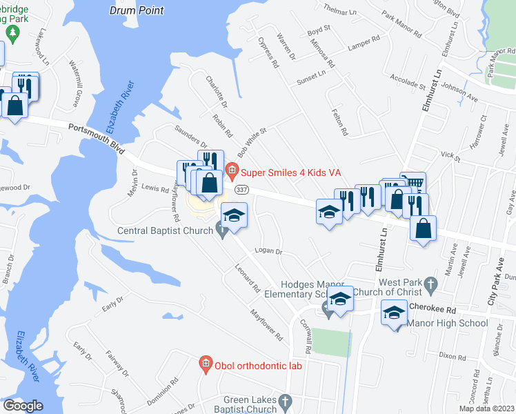 map of restaurants, bars, coffee shops, grocery stores, and more near 103 Hodges Manor Road in Portsmouth