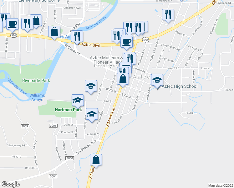 map of restaurants, bars, coffee shops, grocery stores, and more near 301 South Main Avenue in Aztec