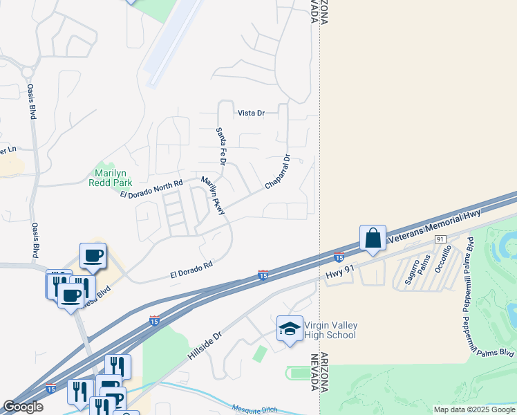 map of restaurants, bars, coffee shops, grocery stores, and more near 709 Mesa Springs Dr in Mesquite