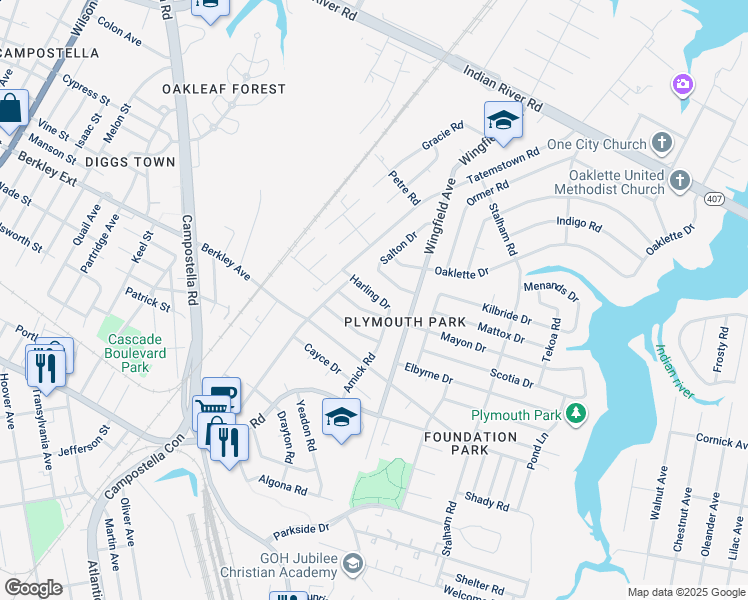 map of restaurants, bars, coffee shops, grocery stores, and more near 2608 Harling Drive in Chesapeake