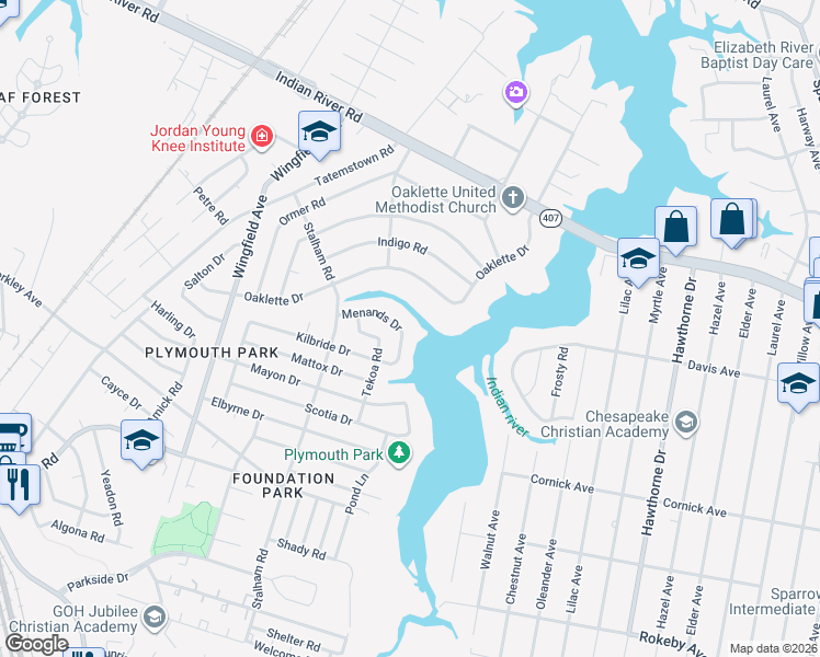 map of restaurants, bars, coffee shops, grocery stores, and more near 3029 Yakima Road in Chesapeake