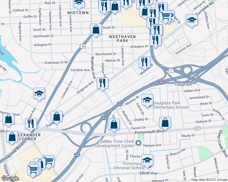 map of restaurants, bars, coffee shops, grocery stores, and more near 3589 Gum Drive in Portsmouth
