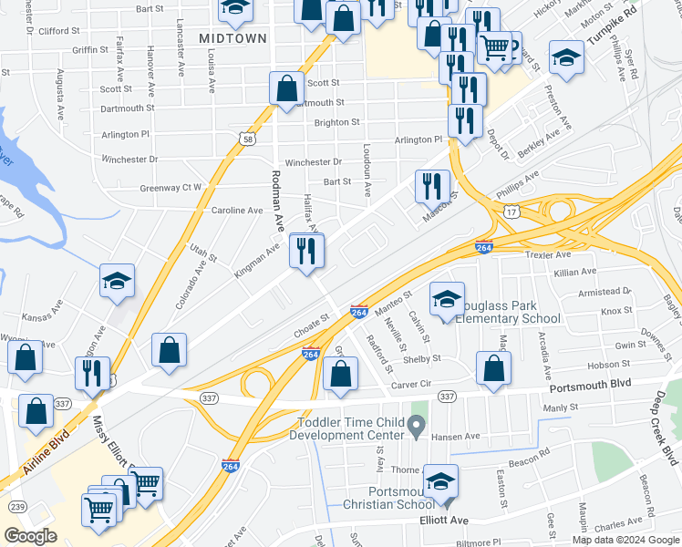 map of restaurants, bars, coffee shops, grocery stores, and more near 3587 Gum Drive in Portsmouth