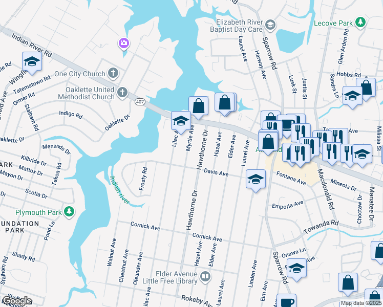 map of restaurants, bars, coffee shops, grocery stores, and more near 1130 Myrtle Avenue in Chesapeake