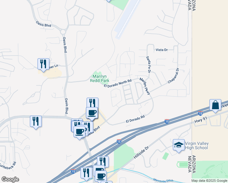 map of restaurants, bars, coffee shops, grocery stores, and more near 445 Mesa Boulevard in Mesquite