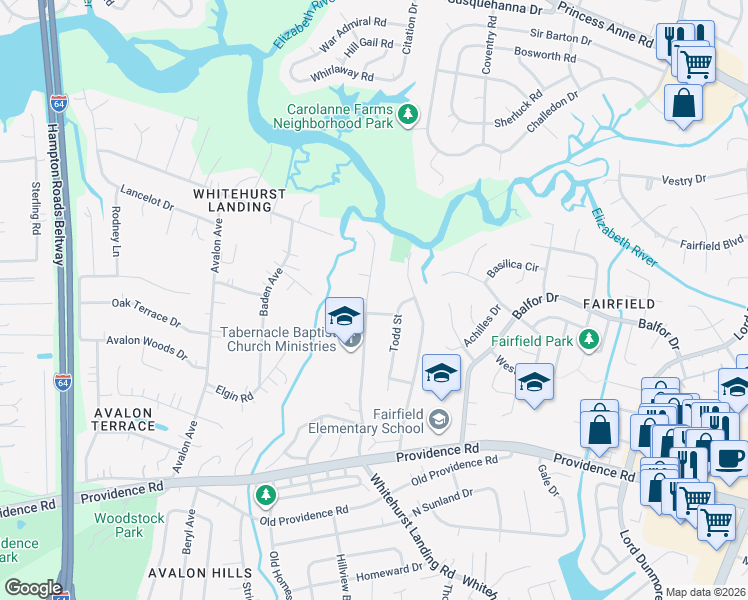 map of restaurants, bars, coffee shops, grocery stores, and more near 644 Whitehurst Landing Road in Virginia Beach