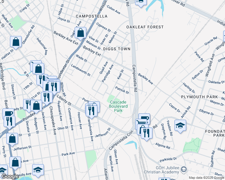 map of restaurants, bars, coffee shops, grocery stores, and more near 1010 Keel Street in Chesapeake