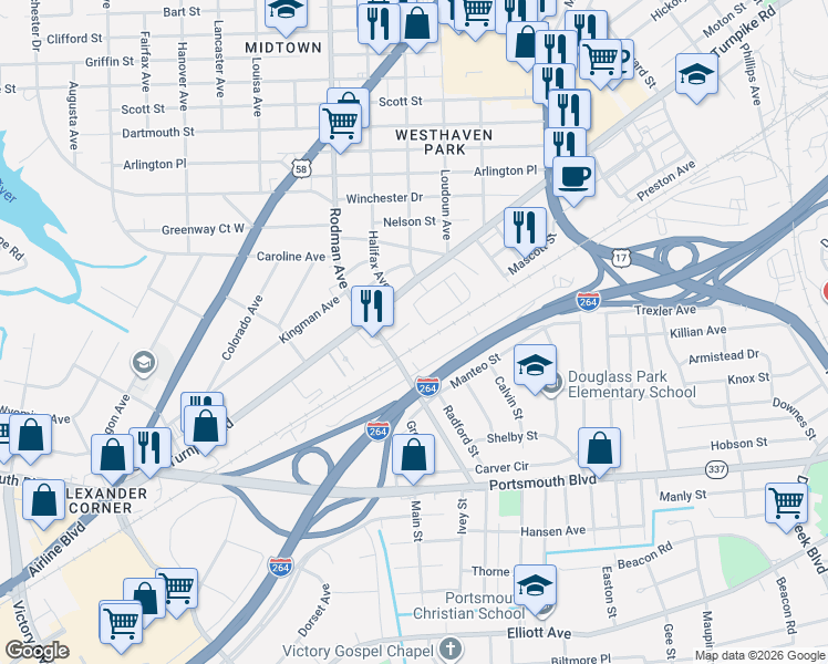 map of restaurants, bars, coffee shops, grocery stores, and more near 1044 Patriot Way in Portsmouth