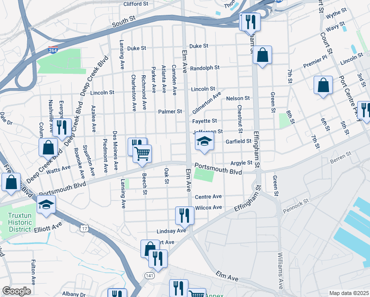 map of restaurants, bars, coffee shops, grocery stores, and more near 2414 Elm Avenue in Portsmouth