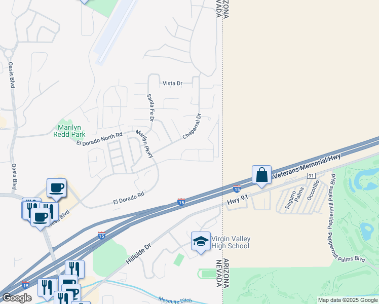 map of restaurants, bars, coffee shops, grocery stores, and more near 726 Mesa Springs Drive in Mesquite
