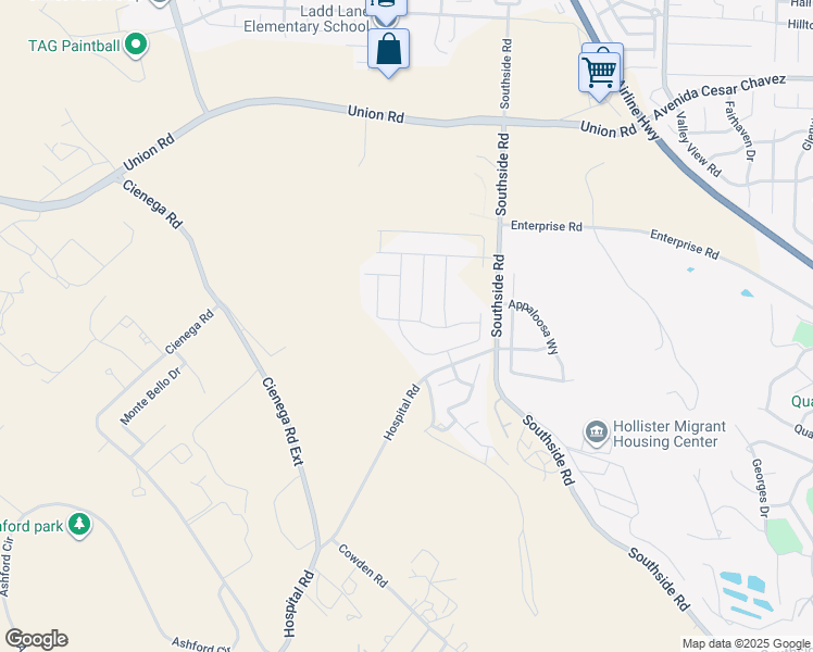 map of restaurants, bars, coffee shops, grocery stores, and more near 677 Sacramento Way in Hollister