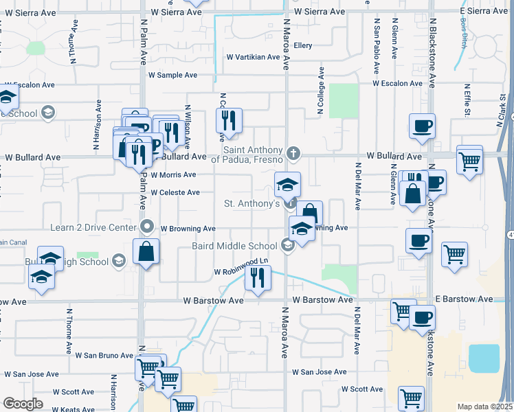 map of restaurants, bars, coffee shops, grocery stores, and more near 5651 North Nantucket Avenue in Fresno