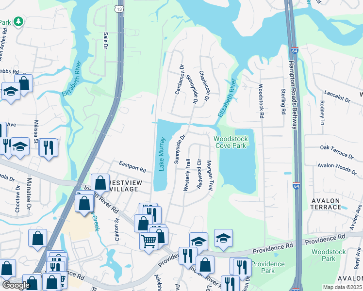 map of restaurants, bars, coffee shops, grocery stores, and more near 977 Westerly Trail in Virginia Beach
