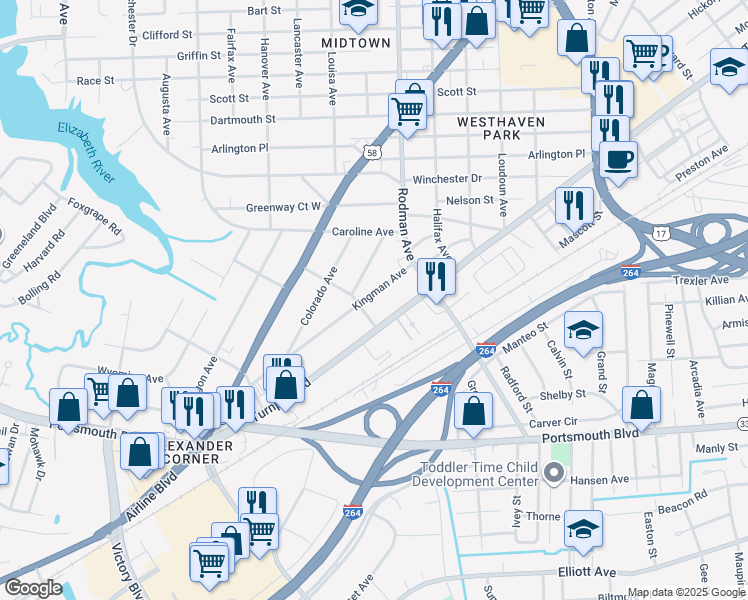 map of restaurants, bars, coffee shops, grocery stores, and more near 3725 Kingman Ave in Portsmouth