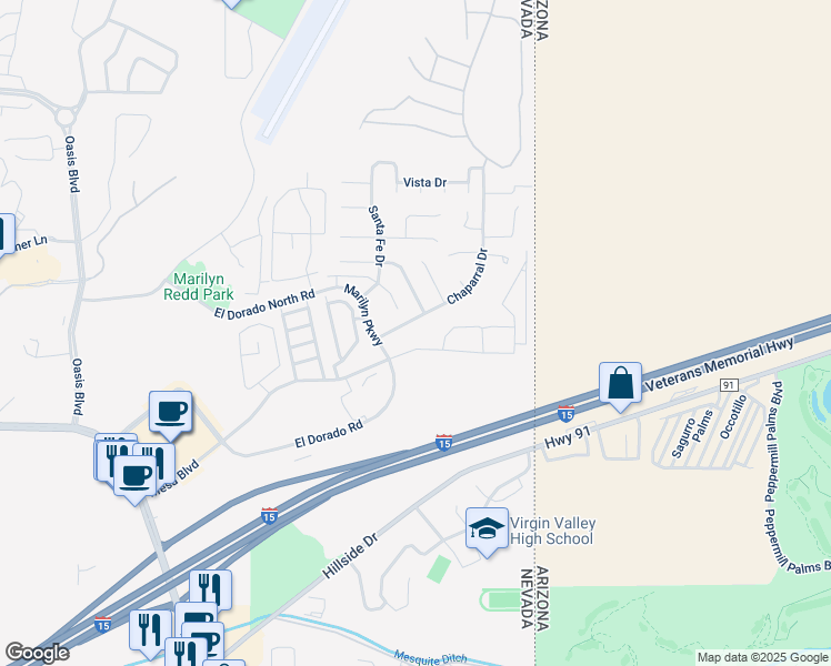 map of restaurants, bars, coffee shops, grocery stores, and more near 709 Mesa Springs Drive in Mesquite