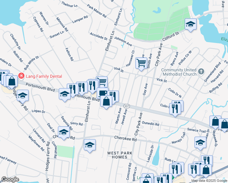 map of restaurants, bars, coffee shops, grocery stores, and more near 10 Roberts Court East in Portsmouth