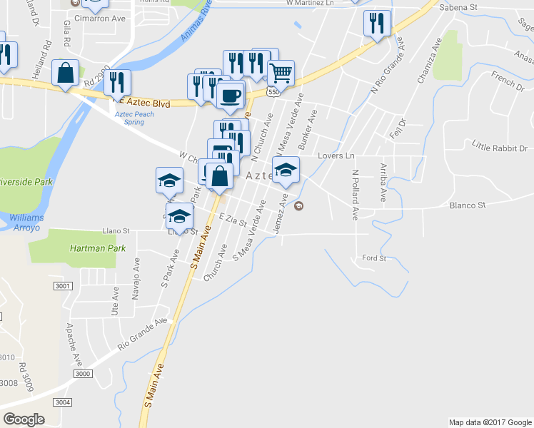 map of restaurants, bars, coffee shops, grocery stores, and more near 308 East Chuska Street in Aztec