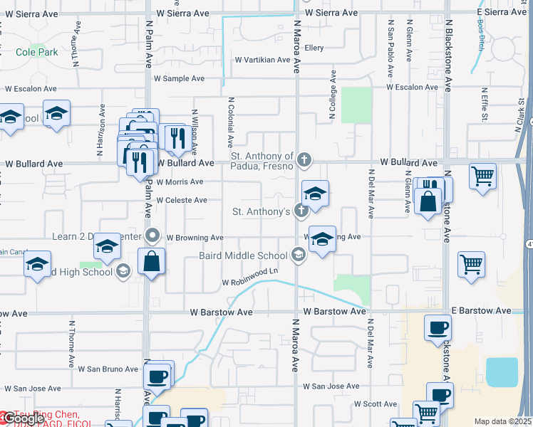 map of restaurants, bars, coffee shops, grocery stores, and more near 5651 North Nantucket Avenue in Fresno