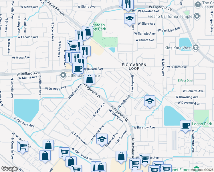 map of restaurants, bars, coffee shops, grocery stores, and more near 5550 North Figarden Drive in Fresno