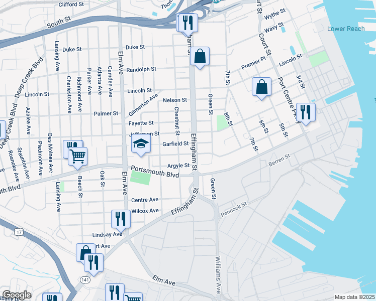 map of restaurants, bars, coffee shops, grocery stores, and more near 2404 Effingham Street in Portsmouth