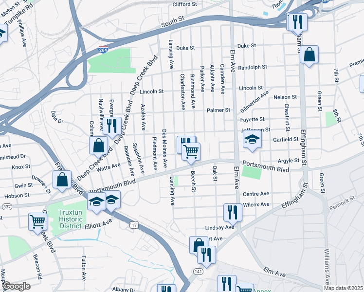map of restaurants, bars, coffee shops, grocery stores, and more near 2400 Charleston Avenue in Portsmouth