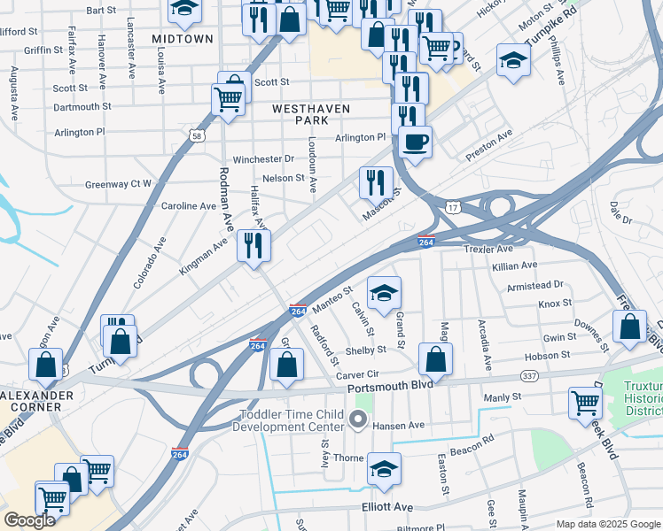 map of restaurants, bars, coffee shops, grocery stores, and more near 229 Choate Street in Portsmouth