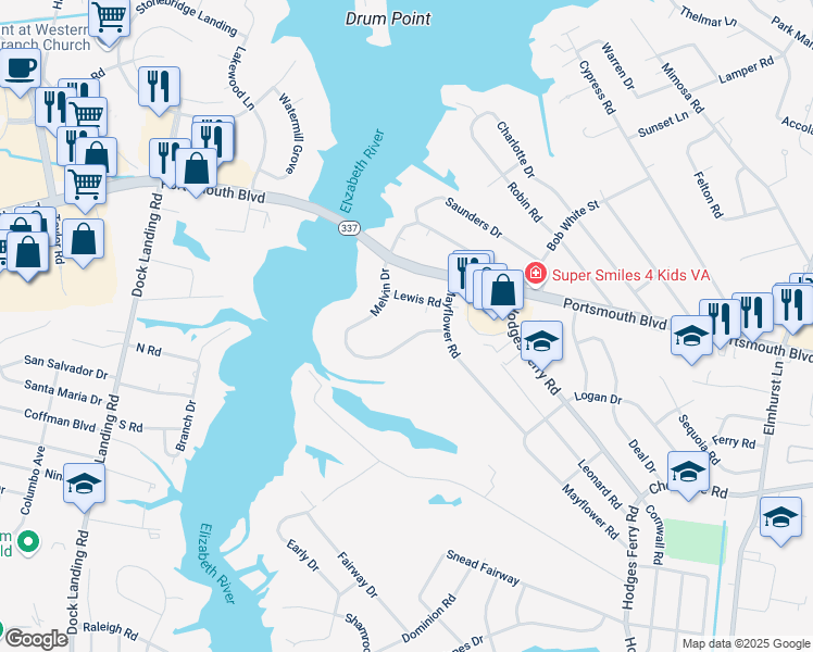 map of restaurants, bars, coffee shops, grocery stores, and more near 1173 Melvin Drive in Portsmouth
