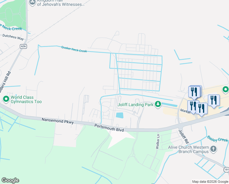 map of restaurants, bars, coffee shops, grocery stores, and more near 5265 Lombard Street in Chesapeake