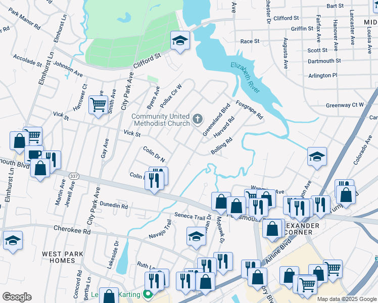 map of restaurants, bars, coffee shops, grocery stores, and more near 34 Bolling Road in Portsmouth