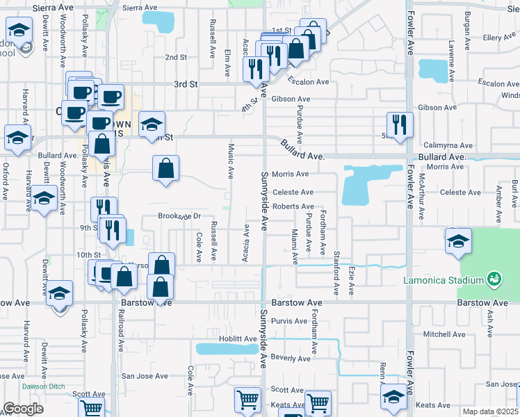 map of restaurants, bars, coffee shops, grocery stores, and more near 784 Sunnyside Avenue in Clovis