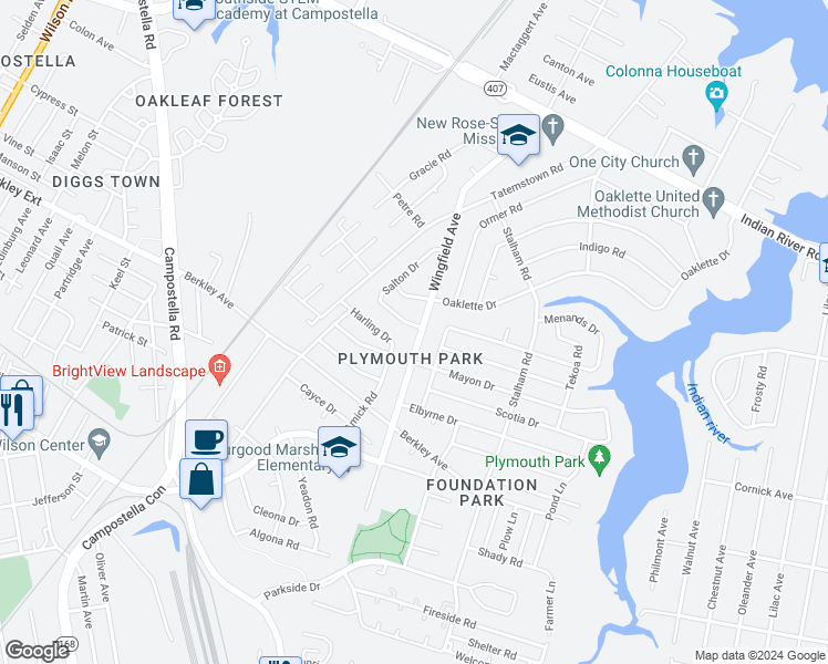 map of restaurants, bars, coffee shops, grocery stores, and more near 1443 Salton Drive in Chesapeake
