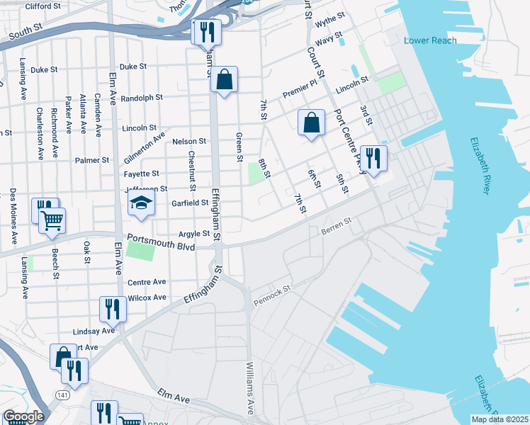 map of restaurants, bars, coffee shops, grocery stores, and more near 806 Madison Street in Portsmouth