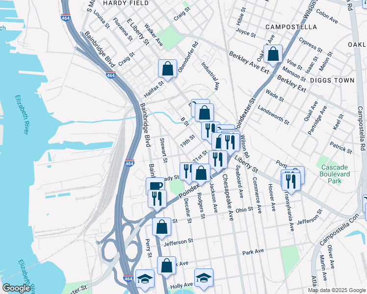 map of restaurants, bars, coffee shops, grocery stores, and more near 603 D Street in Chesapeake