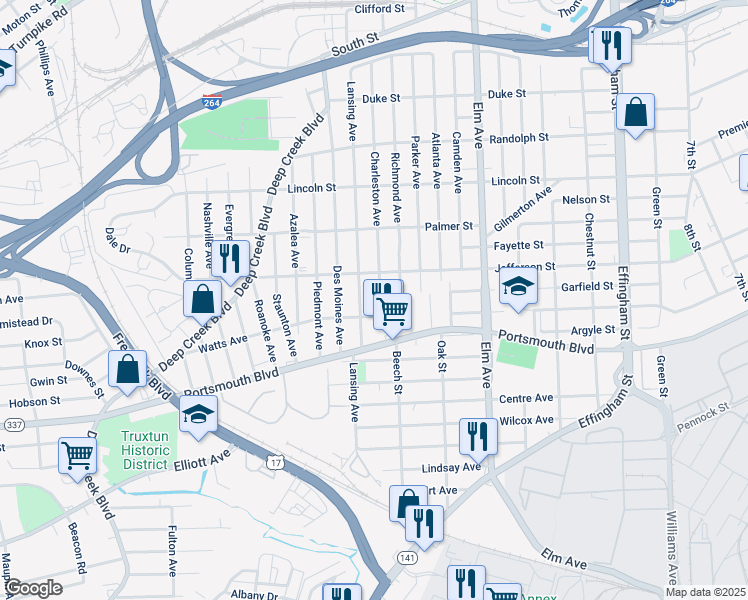 map of restaurants, bars, coffee shops, grocery stores, and more near 2400 Charleston Avenue in Portsmouth