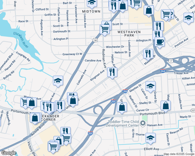 map of restaurants, bars, coffee shops, grocery stores, and more near 3723 Kingman Avenue in Portsmouth