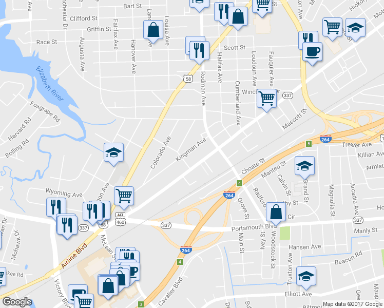 map of restaurants, bars, coffee shops, grocery stores, and more near 3723 Kingman Avenue in Portsmouth