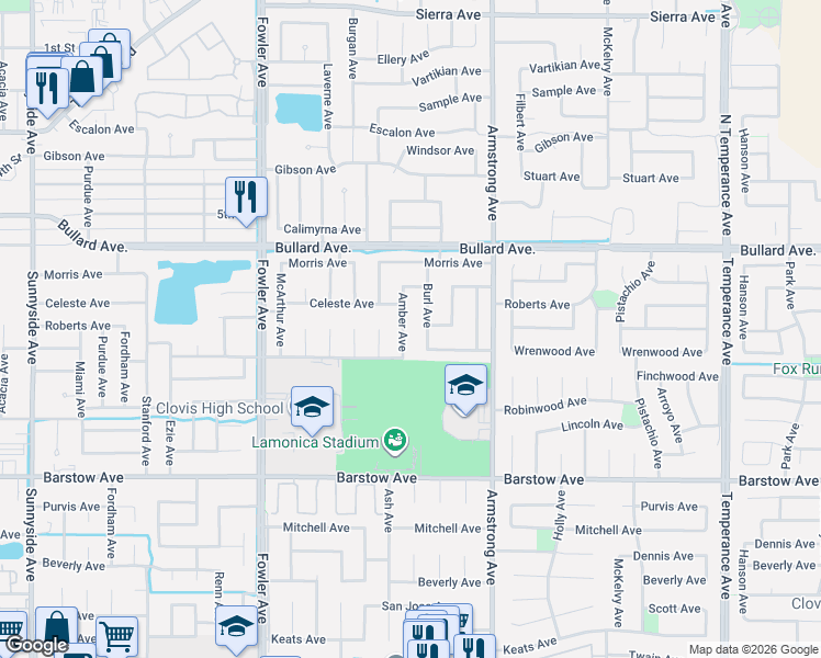 map of restaurants, bars, coffee shops, grocery stores, and more near 869 Amber Avenue in Clovis