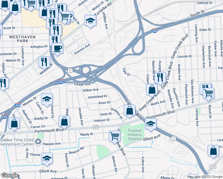 map of restaurants, bars, coffee shops, grocery stores, and more near 3205 Killian Avenue in Portsmouth