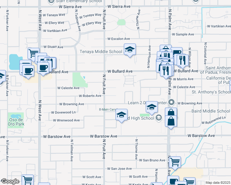 map of restaurants, bars, coffee shops, grocery stores, and more near 1336 West Roberts Avenue in Fresno