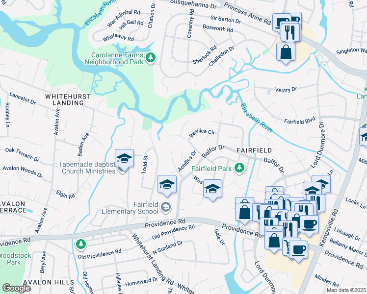 map of restaurants, bars, coffee shops, grocery stores, and more near 700 Achilles Court in Virginia Beach
